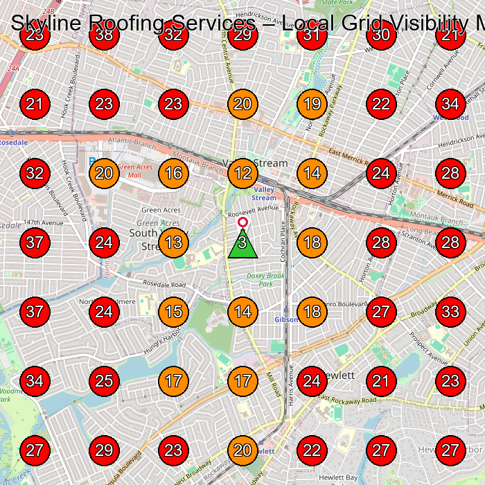 Skyline Roofing Services GeoGrid visibility map for Roofing Contractor in Inwood